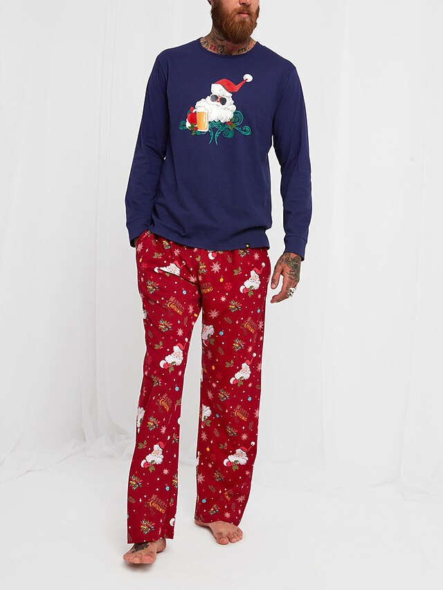 Men's Christmas Pajamas Sleepwear Pajama Set Pajama Top and Pant 2 Pieces Santa Claus Stylish