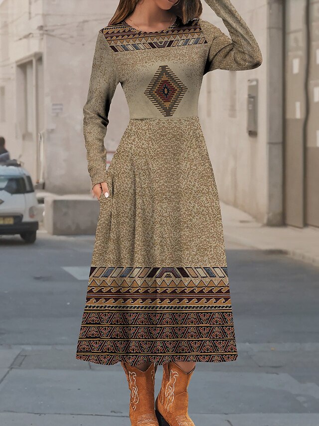 Women's Midi Dress Casual Dress Winter Dress Ethnic Dress Swing Dress Vintage Ethnic Tribal Formal Outdoor Vacation Regular Fit Floral Geometric Color Block Long Sleeve Crew Neck Pink Brown Khaki4