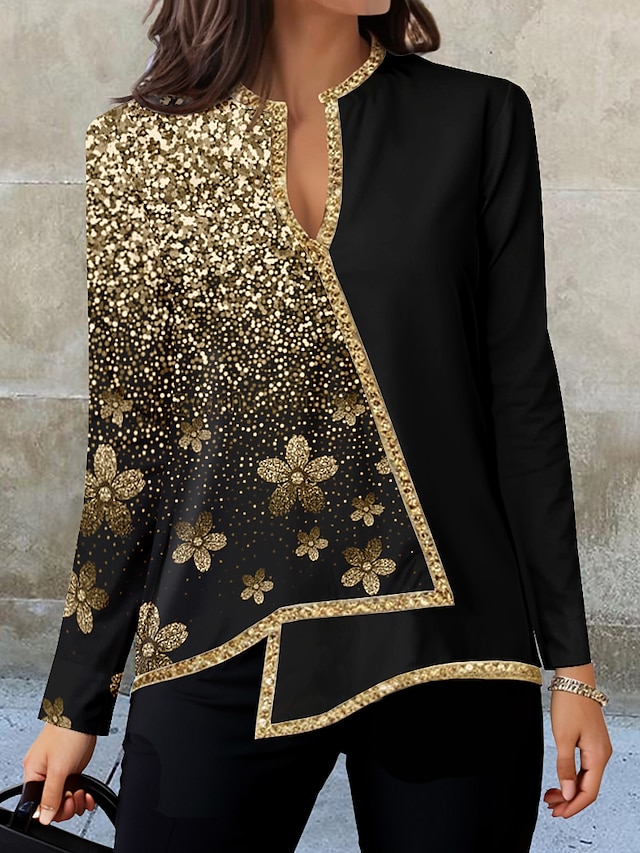  Women's Shirt Blouse Floral Print Asymmetric Hem Casual Holiday Fashion Long Sleeve V Neck Black Fall & Winter