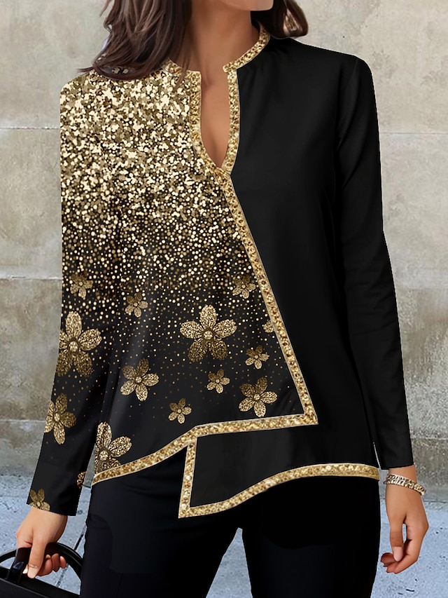  Blusa da Donna Moda Stampa Floreale Orlo Asimmetrico Manica Lunga Regular Collo a V Casual Vacanza Nera Argento Rosa Blu Verde Autunno e Inverno