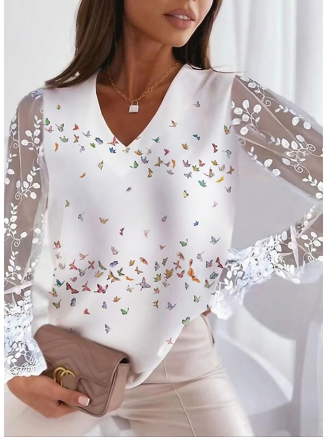  Damen Hemd Bluse Schmetterling Arbeit Gitter Patchwork Bedruckt Weiß Langarm Modisch V Ausschnitt Frühling & Herbst