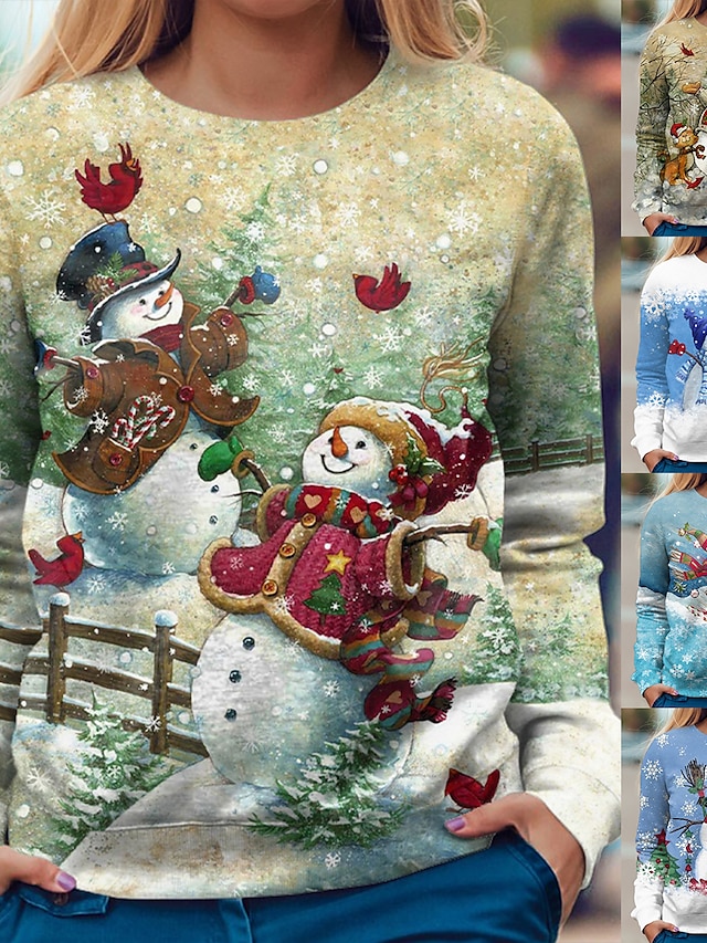  女性用 スウェットシャツ 路肩に寄せて下さい クリスマススウェットシャツ グラフィック 雪だるま スノーフレーク柄 クリスマス カジュアル デニムブルー リーフグリーン ホワイト ストリートファッション クリスマス ラウンドネック 長袖 トップス マイクロエラスティック 秋冬