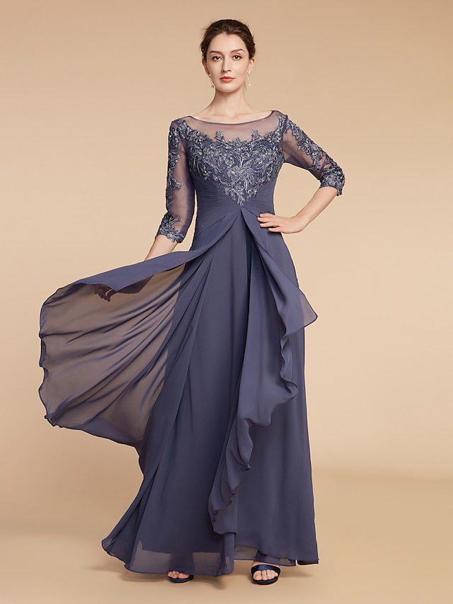  A-Line Mother of the Bride Dress Elegant V Neck Floor Length Chiffon Lace 3/4 Length Sleeve with Ruffles Appliques 2023