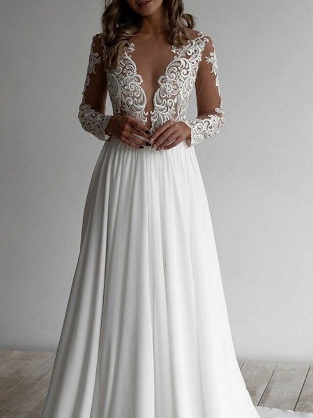 Beach Formal Wedding Dresses A Line V Neck Long Sleeve Court Train Lace   Fcgqcb1700818986314 