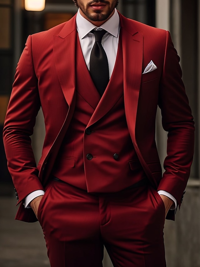  røde bryllupsdresser for menn ensfarget 3-delt daglig slim fit enkeltspent to-knapper 2024