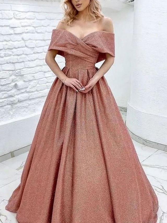A-Line Evening Gown Sparkle & Shine Dress Formal Court Train Short Sleeve Off Shoulder