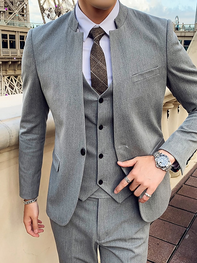  Dark Grey Black Men's Fall Suits 3 Piece Mandarin Collar Solid Colored Tailored Fit Single Breasted One-button 2024