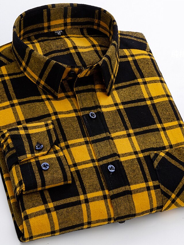 Men's Shirt Button Up Shirt Casual Shirt Plaid Shirt Overshirt Yellow