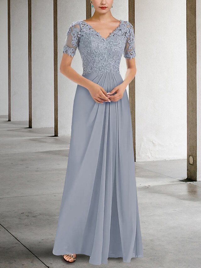 A Line Short Sleeves Lace Bodice Ruched Mother of the  Groom Dress