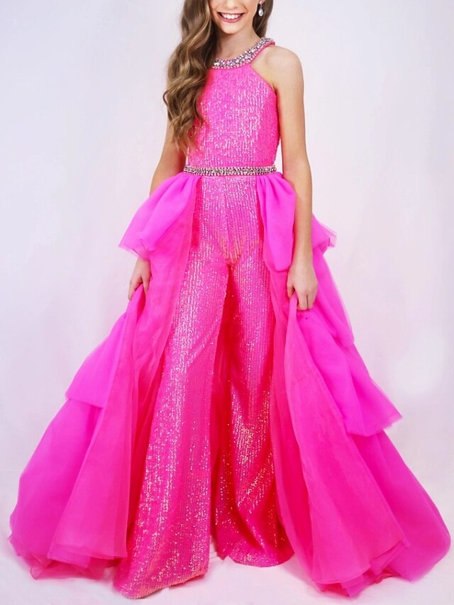 Jumpsuits Sweep / Brush Train Flower Girl Dress Wedding Party Girls Cute Prom Dress Organza with Beading Glitter & Sparkle Fit 3-16 Years dress to impress3