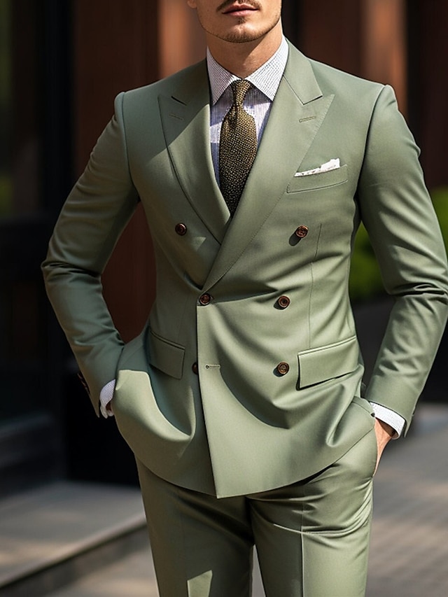  Trajes de boda para hombre verde militar, color sólido, 2 piezas, diario, negocios, talla grande, doble botonadura, seis botones, 2024