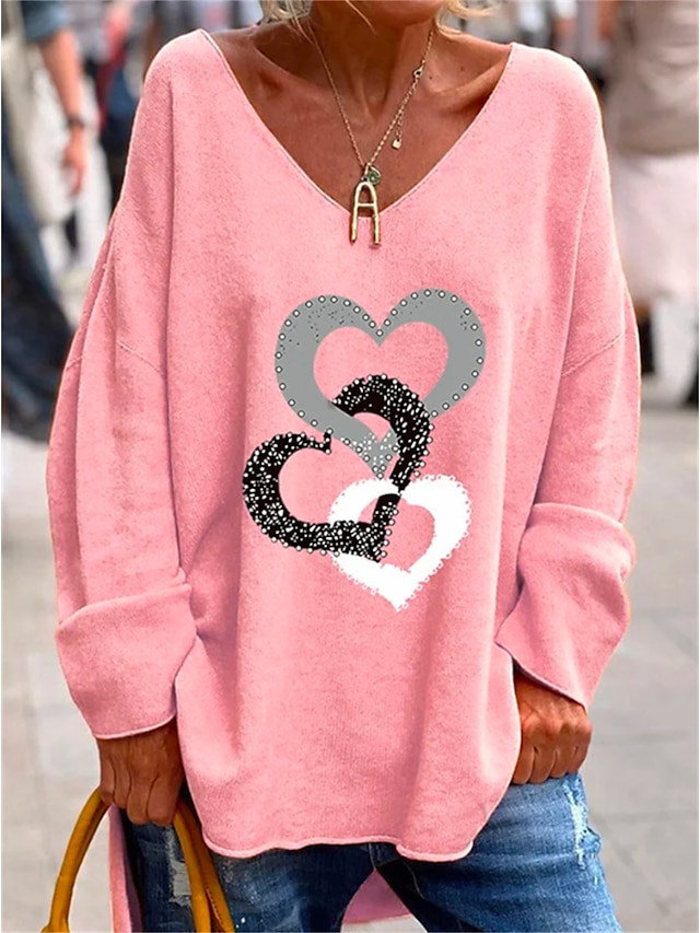 Women's T shirt Tee Heart Valentine Weekend Print Black Long Sleeve Fashion V Neck Spring &  Fall