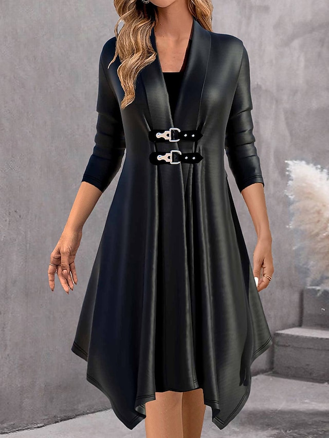  robe noire Femme Robe mi-longue Patchwork Extérieur Travail Plein Air Mode Moderne Col Carré manche longue 2023 Standard Noir S M L XL XXL