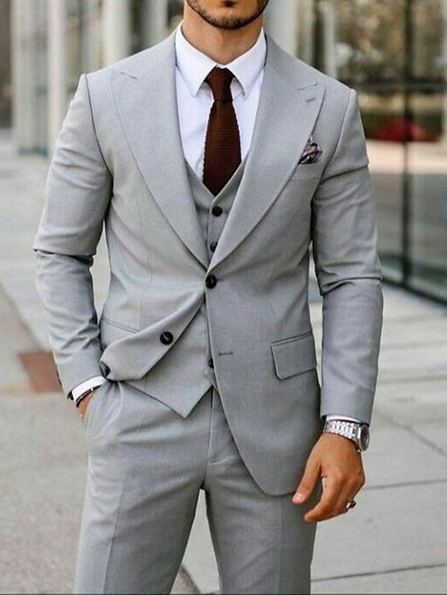  Light Grey Men's Wedding Suits Solid Colored 3 Piece Daily Business Plus Size Single Breasted Two-buttons 2024