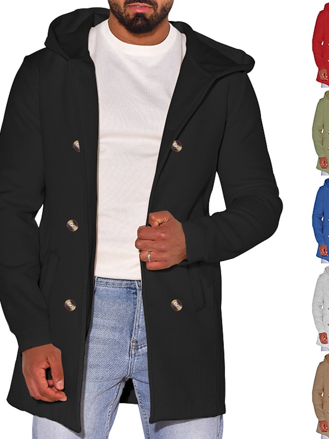  Men's Winter Coat Overcoat Trench Coat Outdoor Daily Wear Fall & Winter Polyester Thermal Warm Windproof Outerwear Clothing Apparel Fashion Streetwear Plain Pocket Hooded Double Breasted