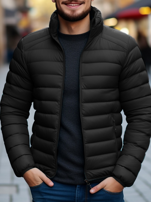  Men's Puffer Jacket Quilted Jacket Zipper Pocket Polyster Pocket Office & Career Date Casual Daily Regular Keep Warm Outdoor Casual Sports Winter Plain Black Red Dark Navy Royal Blue Puffer Jacket