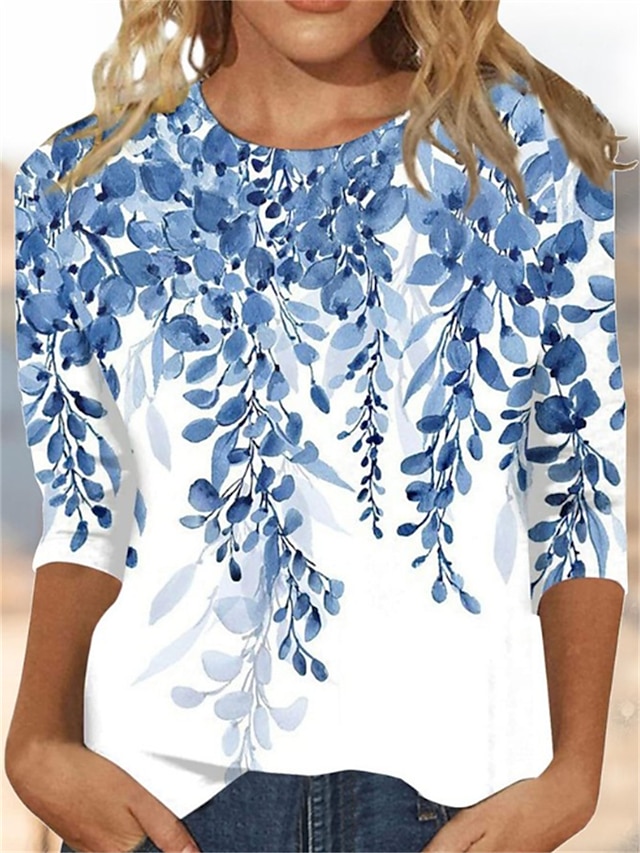  Femme T shirt Tee Feuille Imprimer Vacances Fin de semaine Mode manche longue Col Rond Bleu Printemps & Automne