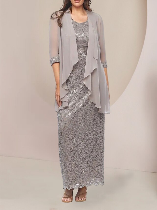 A-Line Mother of the Bride Dress Wedding Guest Elegant Scoop Neck Ankle Length Stretch Chiffon Half Sleeve with Crystals Ruching main image 1