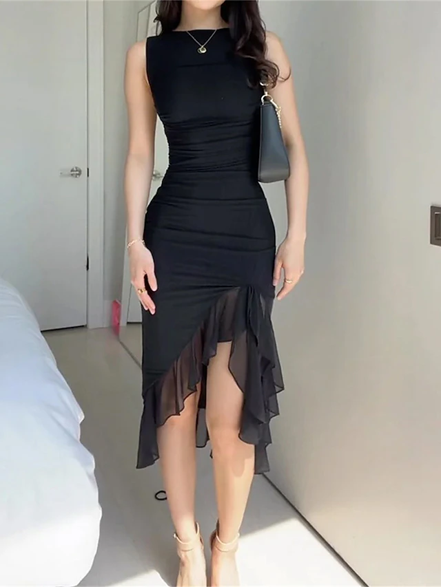 Women's Midi Dress Black Dress Graduation Dress Party Dress Cocktail Dress Fashion Party Hot Winter Dress Vacation Wedding Guest Slim Pure Color Sleeveless Crew Neck Black Rose Spring Fall Winter4