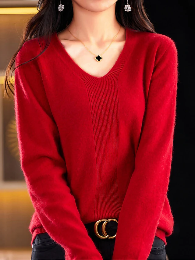 Women's Pullover Sweater Jumper Fashion Casual Soft Solid Color Ribbed V Neck Knitted Long Sleeve Regular Tops Knit Outdoor Daily Going out Forest Green Cherry Red Fall Winter 25