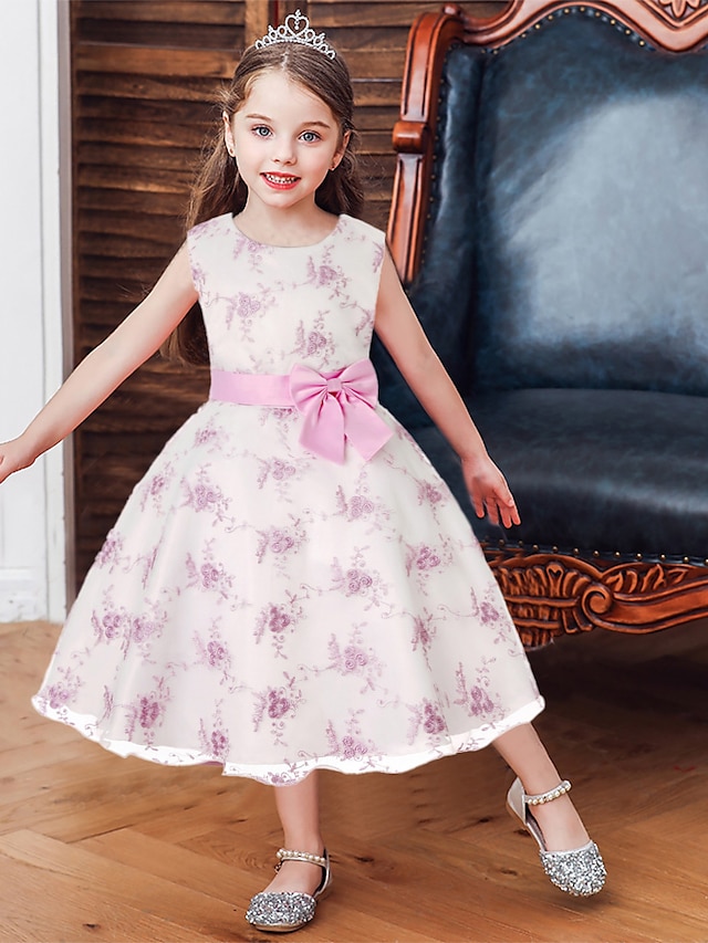  Kids Girls' Dress Floral Sleeveless Party Embroidered Lace Trims Bow Cute Cotton Knee-length Skater Dress Summer 3-10 Years Pink Dusty Rose Red