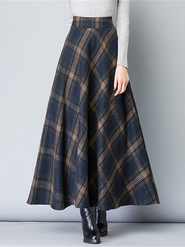  Women's A Line Plaid Skirt Maxi High Waist Skirts Pocket Long Color Block Plaid Checkered Daily Date Spring &  Fall Polyester Twilled Satin Elegant Retro Vintage Blue Grey