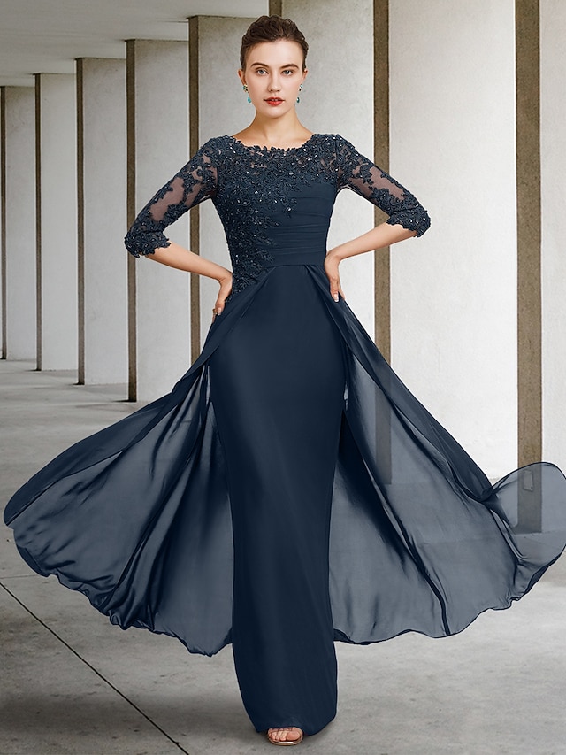 Sheath / Column Mother of the Bride Dress Elegant Jewel Neck Floor Length Chiffon Lace Tulle 3/4 Length Sleeve with Beading Appliques