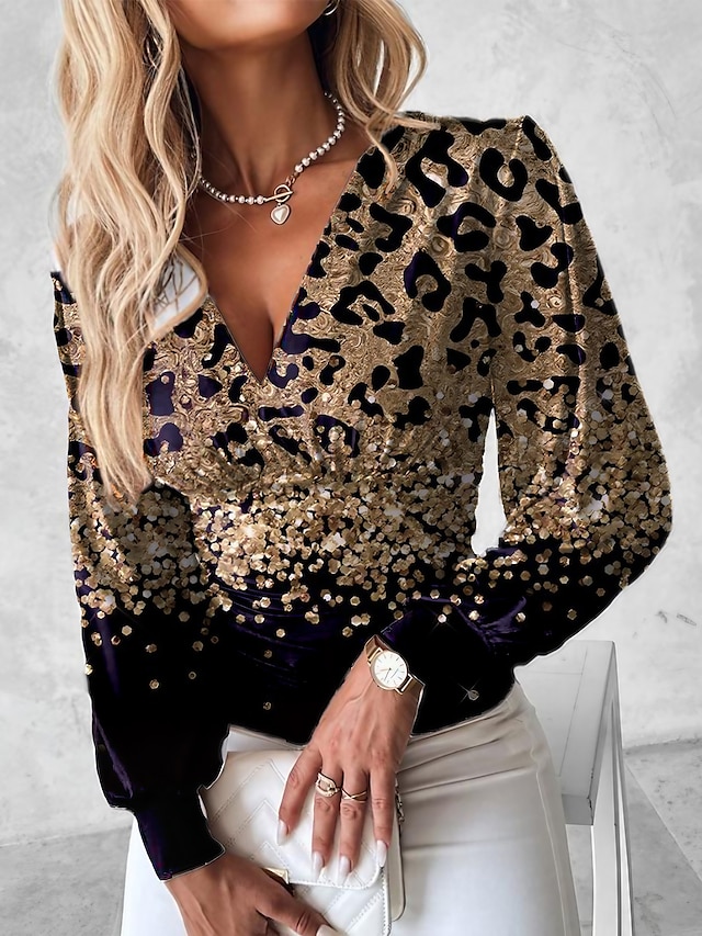  Dame Skjorte Bluse Leopard Trykt mønster Afslappet Mode Langærmet V-hals Blå Forår & Vinter