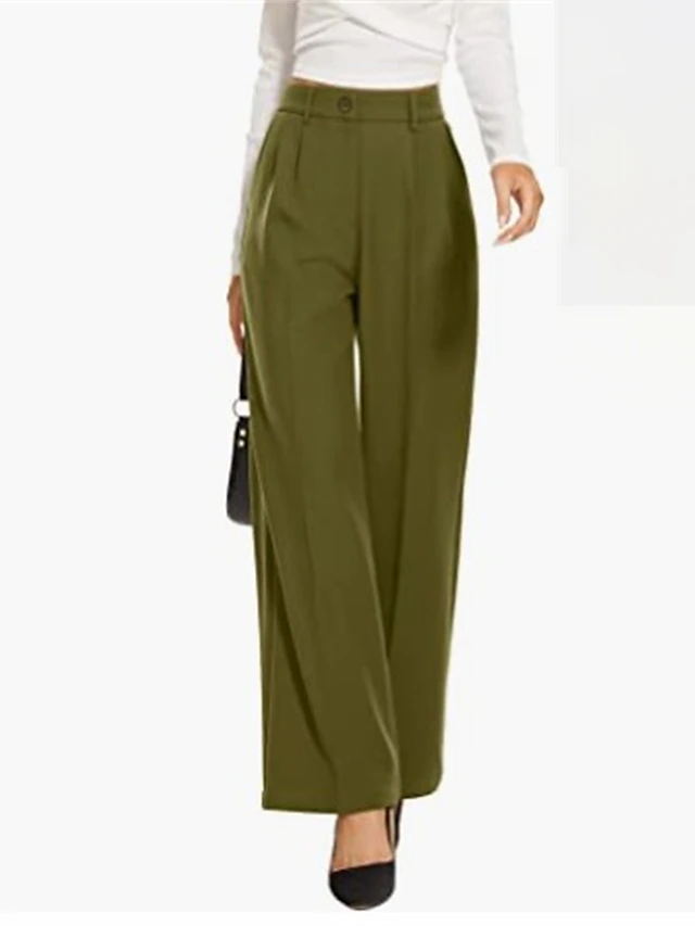 Women's Dress Pants Wide Leg Pants Trousers Elegant Fashion Work Full Length High Waist Solid Color Pocket High Cut Breathable Soft Comfortable Micro-elastic Office Street Business Light Blue Ivory 15