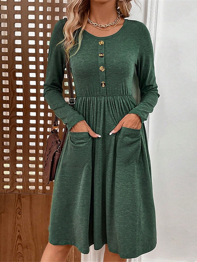 Women's Casual Dress Midi Dress Button Pocket Daily Date Fashion Streetwear Crew Neck Long Sleeve Green Color