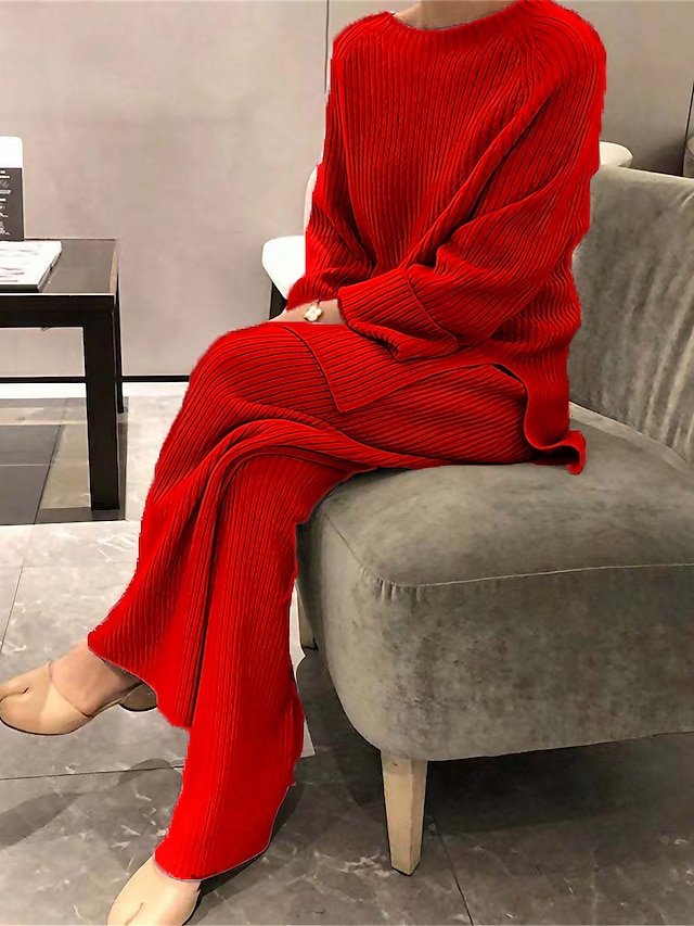  Dames Pyjama Sets Heldere kleur Casual Comfortabel Huis Dagelijks Bed Gebreid Warm Ademend Strakke ronde hals Lange mouw Trui Pantalon Herfst Winter bordeaux Zwart