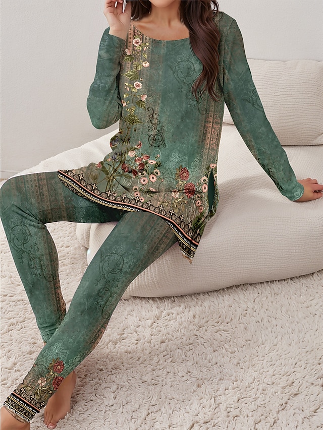 Women's Pajama Set Loungewear Round Neck Long Sleeve Casual Tee Pants Sets Print Outdoor Sports Daily Light Green Spring & Fall Home Outfits 6