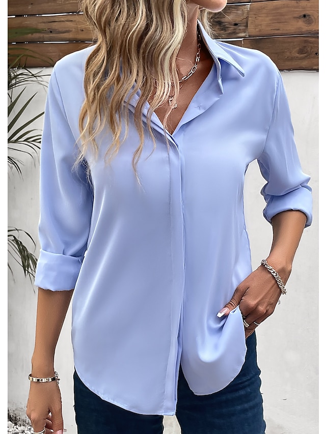  Per donna Camicia Blusa Liscio Informale Pulsante Blu Manica lunga Di tendenza Colletto Primavera & Autunno