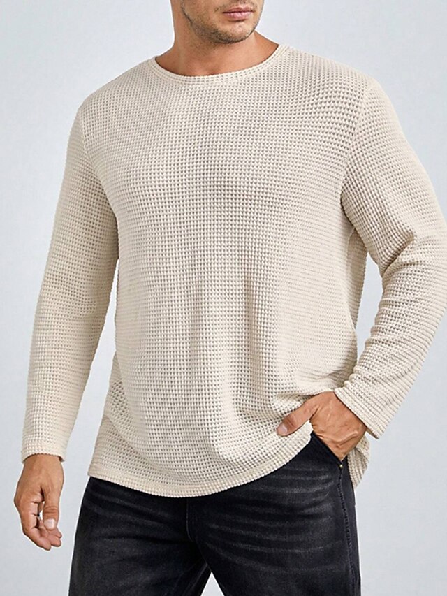  Herren Waffel-T-Shirt T Shirt Waffelstrick T-Shirt T-Shirt Langarm Rundhalsausschnitt Frühling & Herbst Einfach Mode Designer Basic Strick Urlaub Straße Ausgehen Weiß Khaki Top T-Shirt für Herren