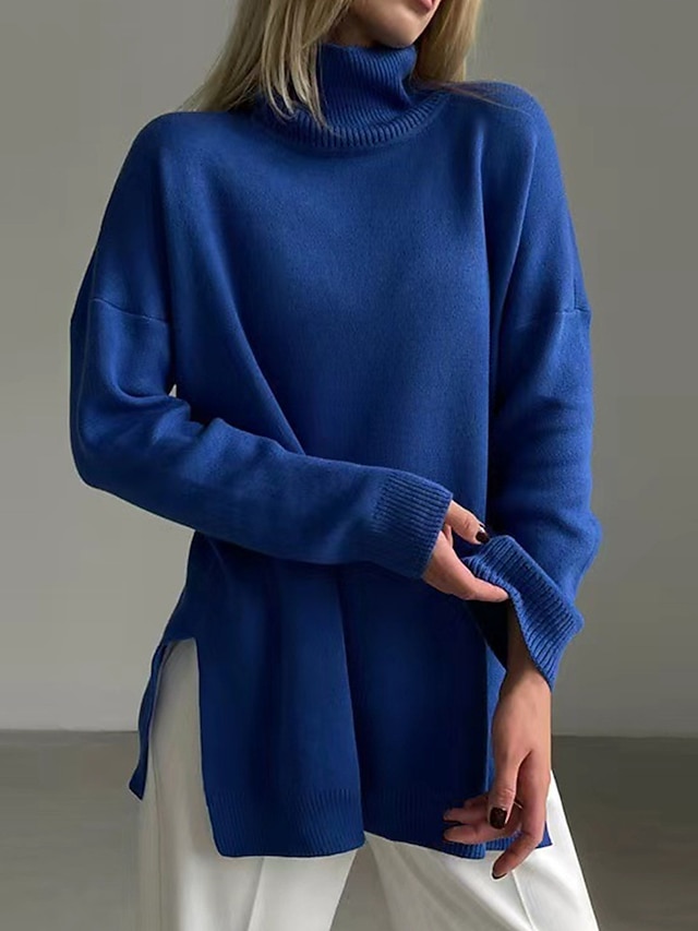  Női Pulóver pulóver Körgallér Bordázott Kötött Sodort fonal Hasított Kötött Ősz Tél Szokványos Szabadtéri Napi Alkalmi Divat Utcai sikk Alkalmi Hosszú ujj Tömör szín Sárga Sötétkék Narancssárga S M L