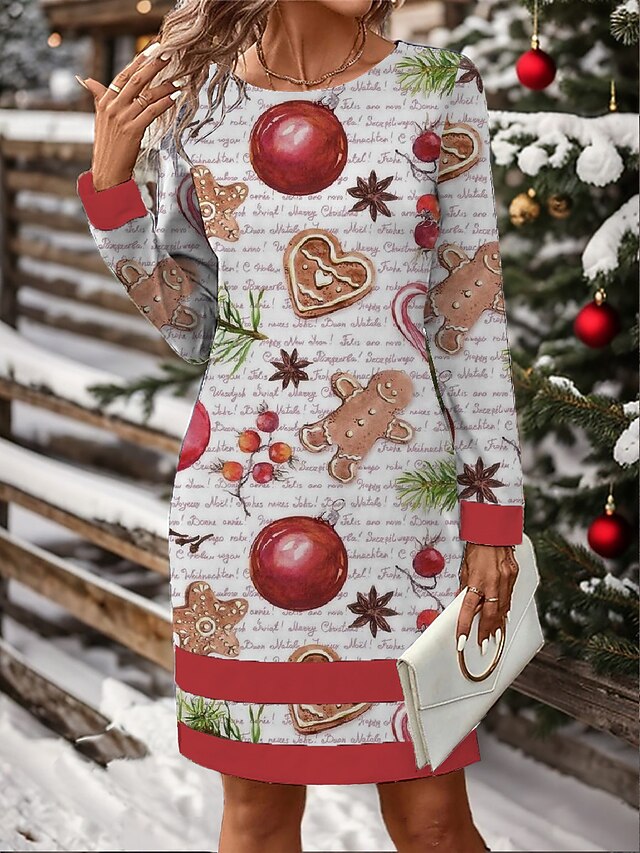 Women's Christmas Dress Winter Dress Graphic Gingerbread Print Crew