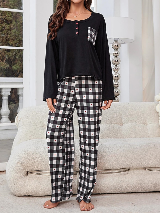  Women's Pajamas Sets buffalo plaid Casual Comfort Home Bed Polyester Breathable Crew Neck Long Sleeve T shirt Tee Pant Button Pocket Fall Winter Black