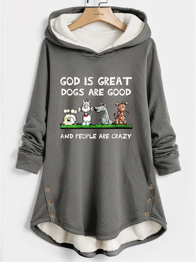  huvtröja dam sweatshirt tröja sherpa hund brev gata casual tryck mode rolig comfrt huva långärmad topp mikroelastisk höst & vinterkomfort, mjukt tyg som andas