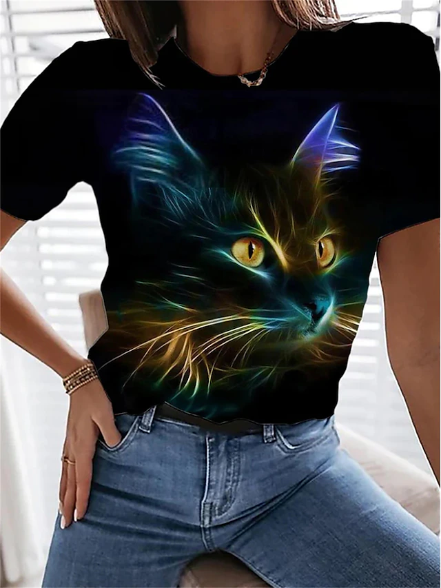 Women's T Shirt Fashion Cat Print Short Sleeve Regular Tops Round Neck Daily Weekend Black Yellow Navy Blue Beige Summer 5
