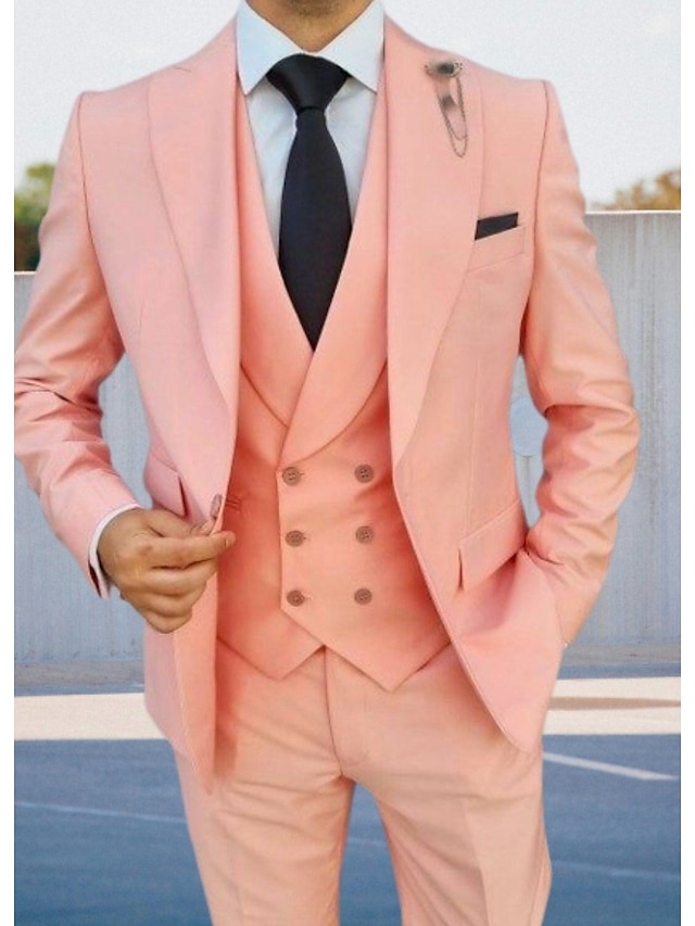  costume de nuntă pentru bărbați roz, culoare uni, 3 piese zilnic, plus mărime, guler la vârf, un singur piept, un singur buton 2024