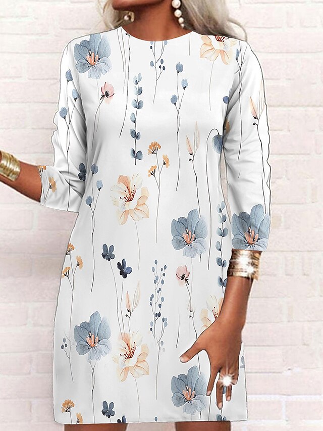 Women's Casual Dress Winter Dress Floral Print Crew Neck Mini Dress