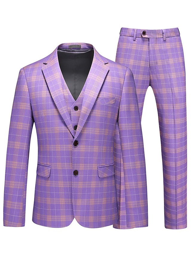  Фиолетовые мужские свадебные костюмы из трех предметов, большие размеры, клетчатый клетчатый костюм, однобортный костюм с двумя пуговицами, 2024