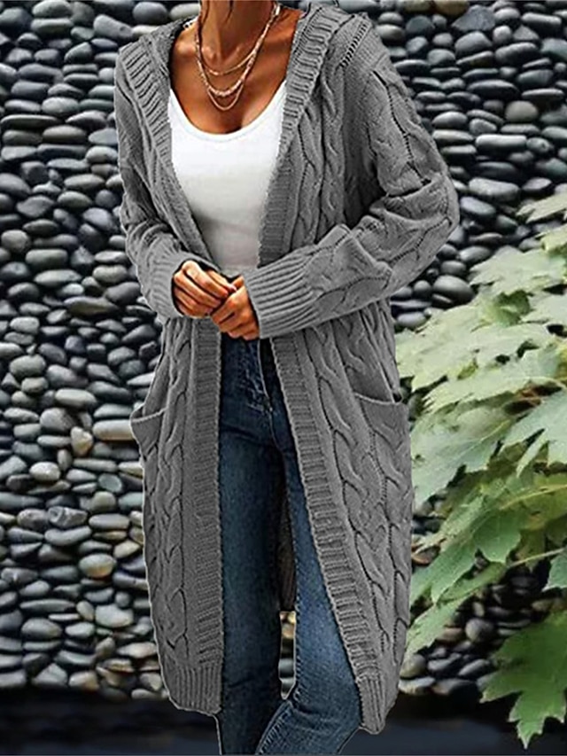 Gilet Long Femme Cardigan Hiver - Tricot épais Maille Grossière, Avec Poches, Ouvert, Décontracté - Kaki Ou Marron - 6