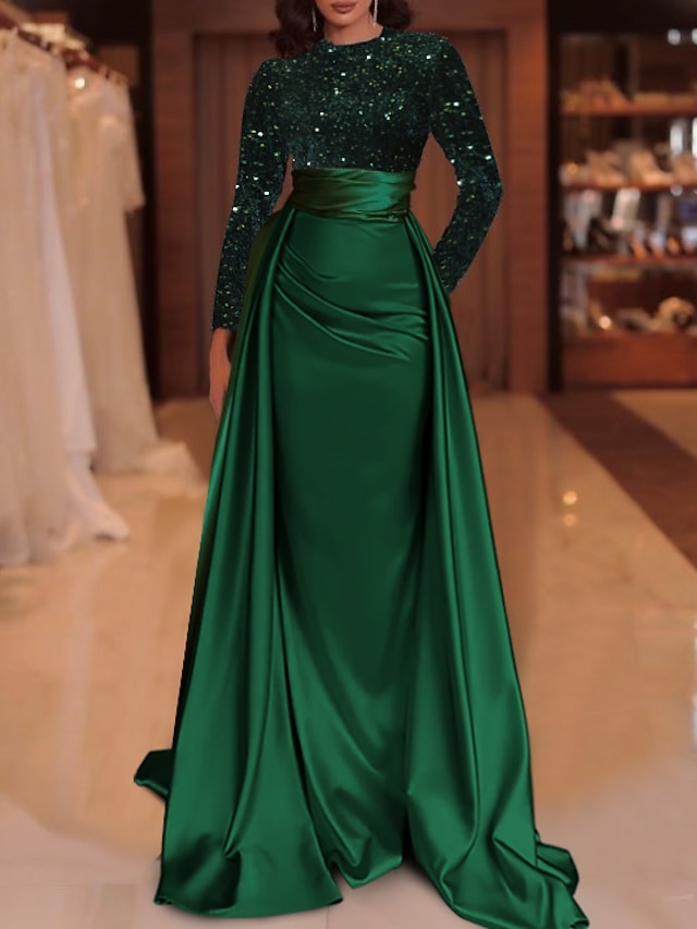 Mermaid / Trumpet Evening Gown Wedding Guest Floor Length Long Sleeve Jewel Neck Satin with Appliques main image 1