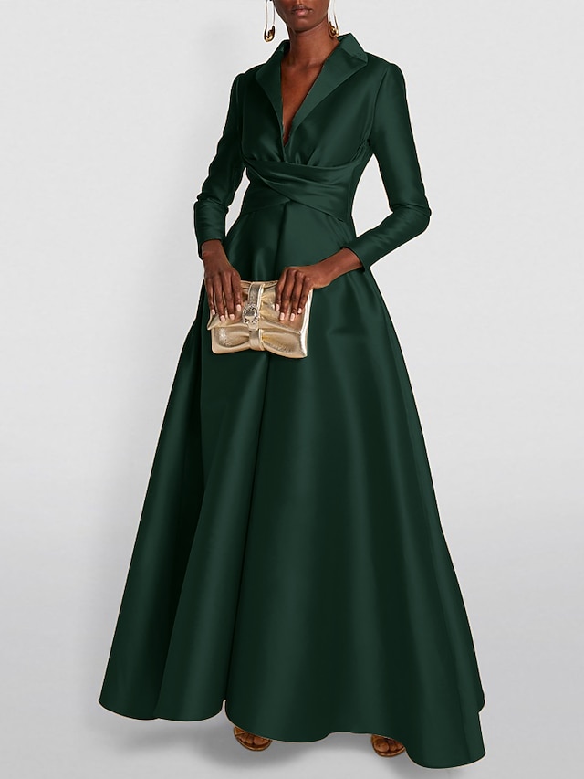  Abito da sera A-Line elegante abito da smoking formale ospite di matrimonio lunghezza a terra a maniche lunghe colletto camicia satin con arricciature