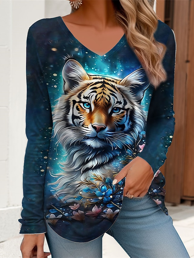  Damen T Shirt Tier Tiger Täglich Wochenende Bedruckt Blau Langarm Modisch V Ausschnitt Frühling & Herbst