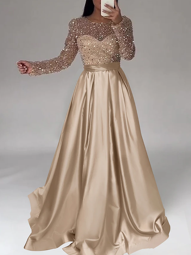 A-Line Gold Evening Gown Elegant Dress Wedding Black Tie Floor Length Long Sleeve Jewel Neck Satin with Sequin Masquerade Dress3