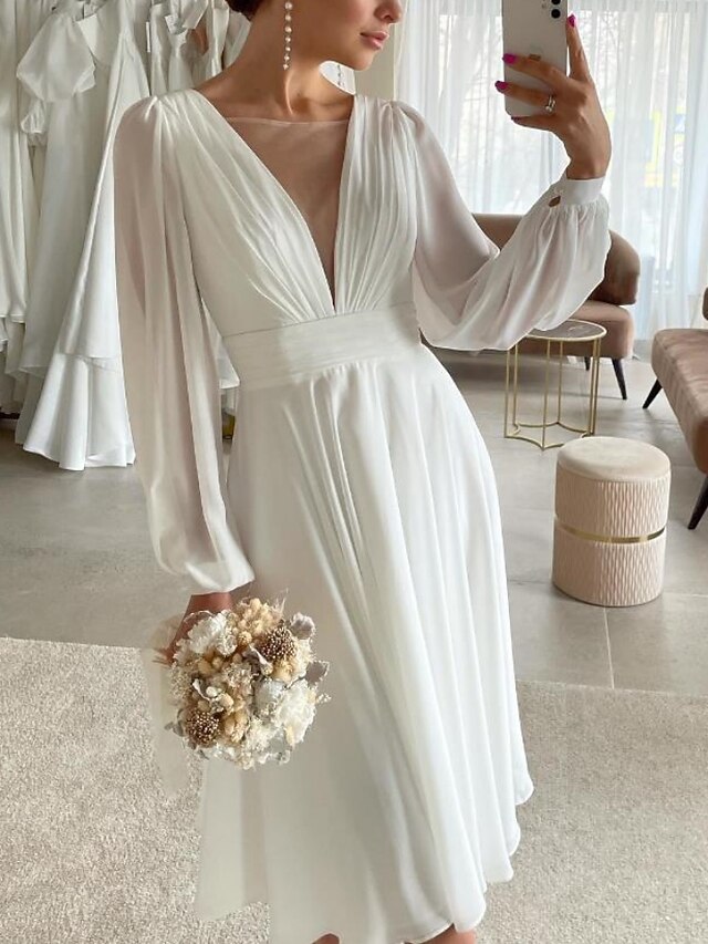 Casual Boho Wedding Dresses A-Line Boat Neck Long Sleeve Floor Length Chiffon Bridal Gowns With Embroidery Solid Color main image 1