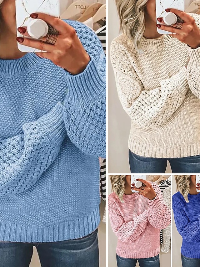  Women's Pullover Sweater Jumper Crew Neck Ribbed Knit Cotton Oversized Spring Fall Daily Going out Weekend Stylish Casual Soft Long Sleeve Solid Color Pink Royal Blue Blue S M L