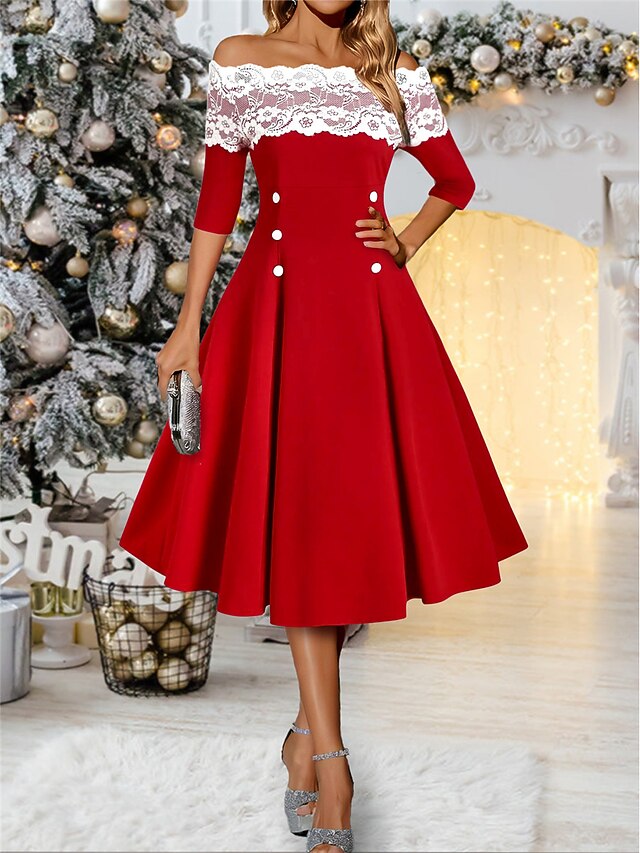 Women's Winter Dress Lace Dress Swing Dress Midi Dress Button Lace Trim Party Date Elegant